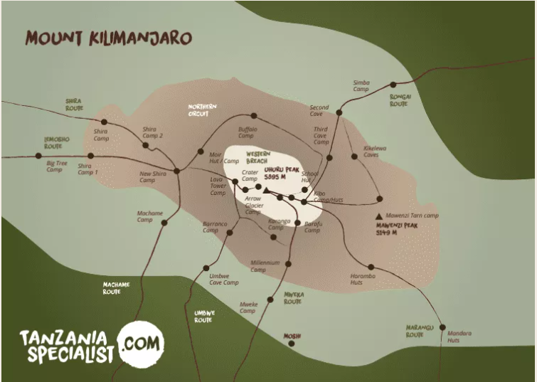 Carte des itinéraires pour l'ascension du Kilimandjaro : la longueur de l'itinéraire a une influence sur le prix