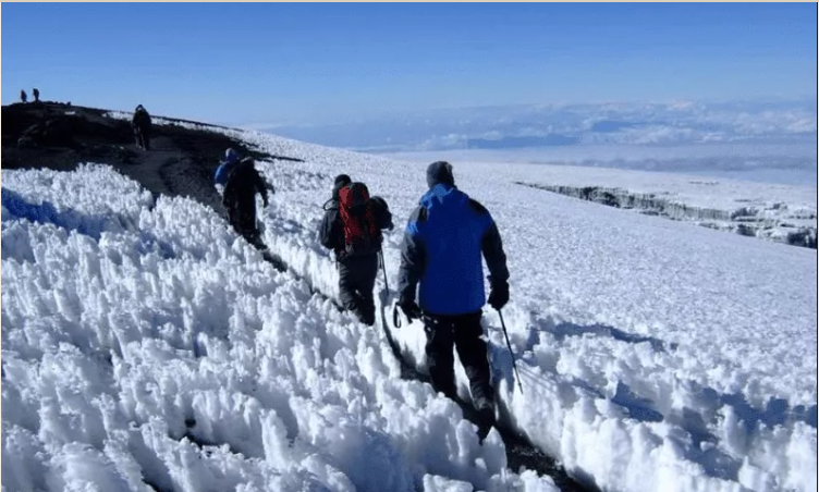 Des randonneurs accompagnés par l'équipe de Tanzania Specialist parcourent la route enneigée du mont Kilimandjaro