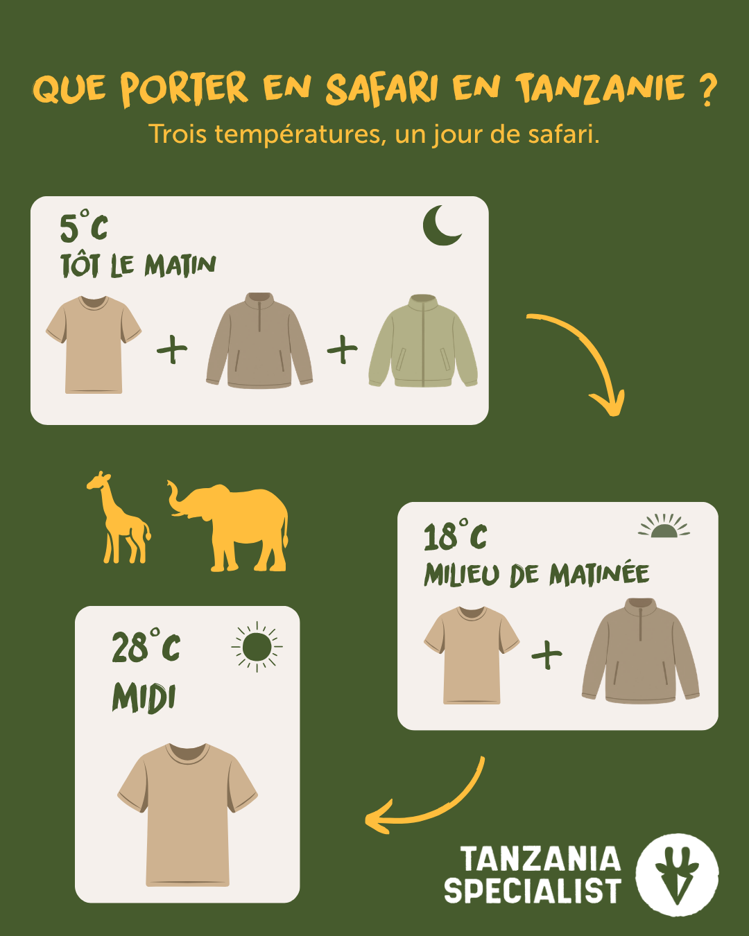Comment s'habiller en safari en Tanzanie : superposez les couches de vêtements pour faire face aux variations de température. Comptez environ 5 °C tôt le matin, 18 °C en milieu de matinée et jusqu'à 28 °C à midi.